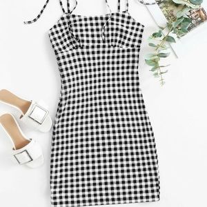 SHEIN Knotted Strap Plaid Bodycon Dress Black and White Size XL